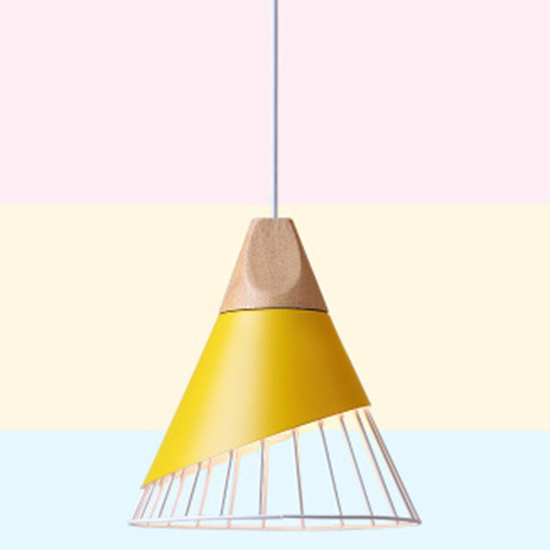 1 Light Macaroon Hanging Light Nordic Minimalist Solid Wood Bedroom Pendant Lamp with Iron Hollow Lampshade Yellow Clearhalo 'Ceiling Lights' 'Modern Pendants' 'Modern' 'Pendant Lights' 'Pendants' Lighting' 2594421