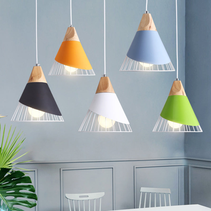 1 Light Macaroon Hanging Light Nordic Minimalist Solid Wood Bedroom Pendant Lamp with Iron Hollow Lampshade Clearhalo 'Ceiling Lights' 'Modern Pendants' 'Modern' 'Pendant Lights' 'Pendants' Lighting' 2594425
