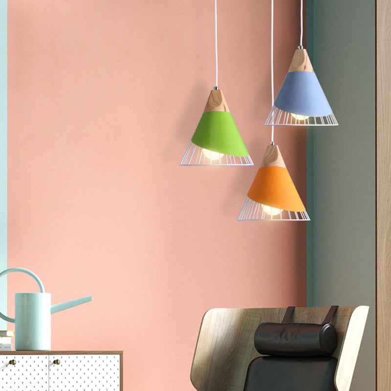 1 Light Macaroon Hanging Light Nordic Minimalist Solid Wood Bedroom Pendant Lamp with Iron Hollow Lampshade Clearhalo 'Ceiling Lights' 'Modern Pendants' 'Modern' 'Pendant Lights' 'Pendants' Lighting' 2594427