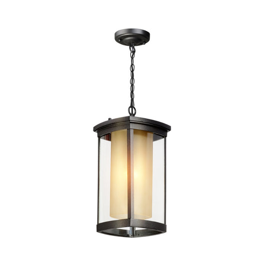 Industrial Rectangle Hanging Light Double Glass Shade 1 Light Outdoor Pendant Light in Black for Courtyard, 5"/7"/8" W Clearhalo 'Ceiling Lights' 'Chandeliers' 'Glass shade' 'Glass' 'Industrial Pendants' 'Industrial' 'Middle Century Pendants' 'Pendant Lights' 'Pendants' 'Tiffany' Lighting' 259443