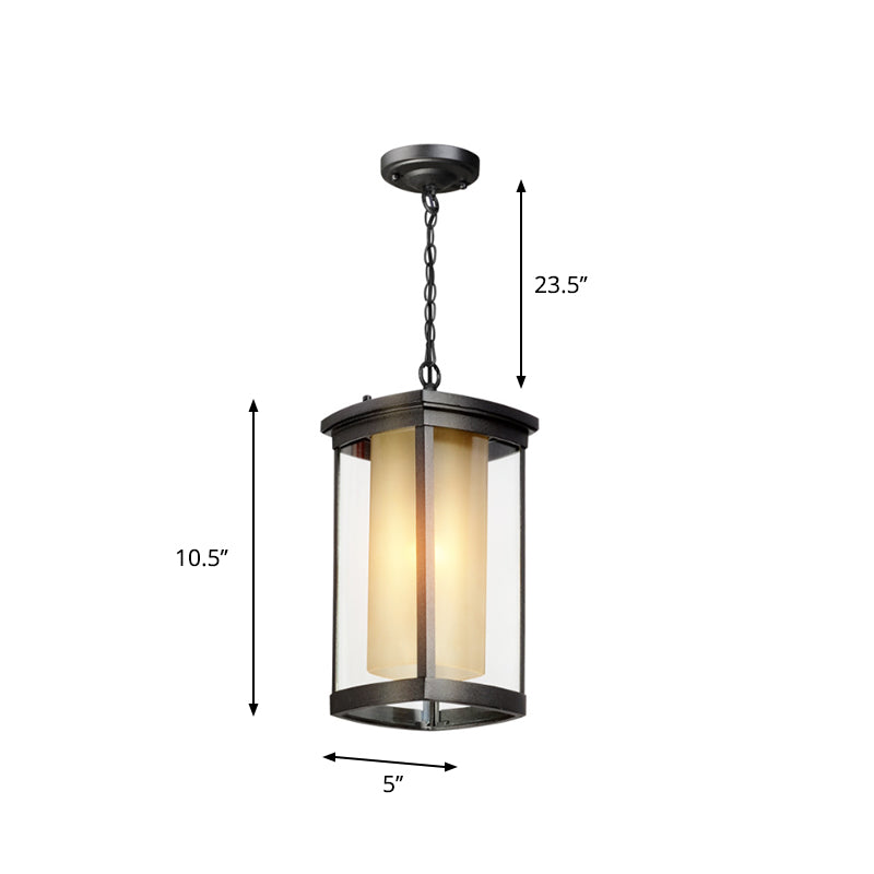 Industrial Rectangle Hanging Light Double Glass Shade 1 Light Outdoor Pendant Light in Black for Courtyard, 5"/7"/8" W Clearhalo 'Ceiling Lights' 'Chandeliers' 'Glass shade' 'Glass' 'Industrial Pendants' 'Industrial' 'Middle Century Pendants' 'Pendant Lights' 'Pendants' 'Tiffany' Lighting' 259444