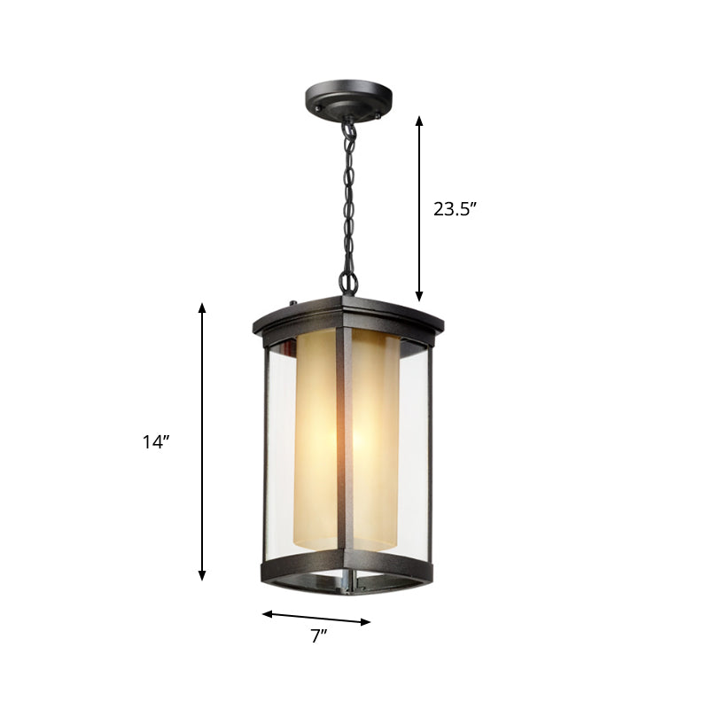 Industrial Rectangle Hanging Light Double Glass Shade 1 Light Outdoor Pendant Light in Black for Courtyard, 5"/7"/8" W Clearhalo 'Ceiling Lights' 'Chandeliers' 'Glass shade' 'Glass' 'Industrial Pendants' 'Industrial' 'Middle Century Pendants' 'Pendant Lights' 'Pendants' 'Tiffany' Lighting' 259445
