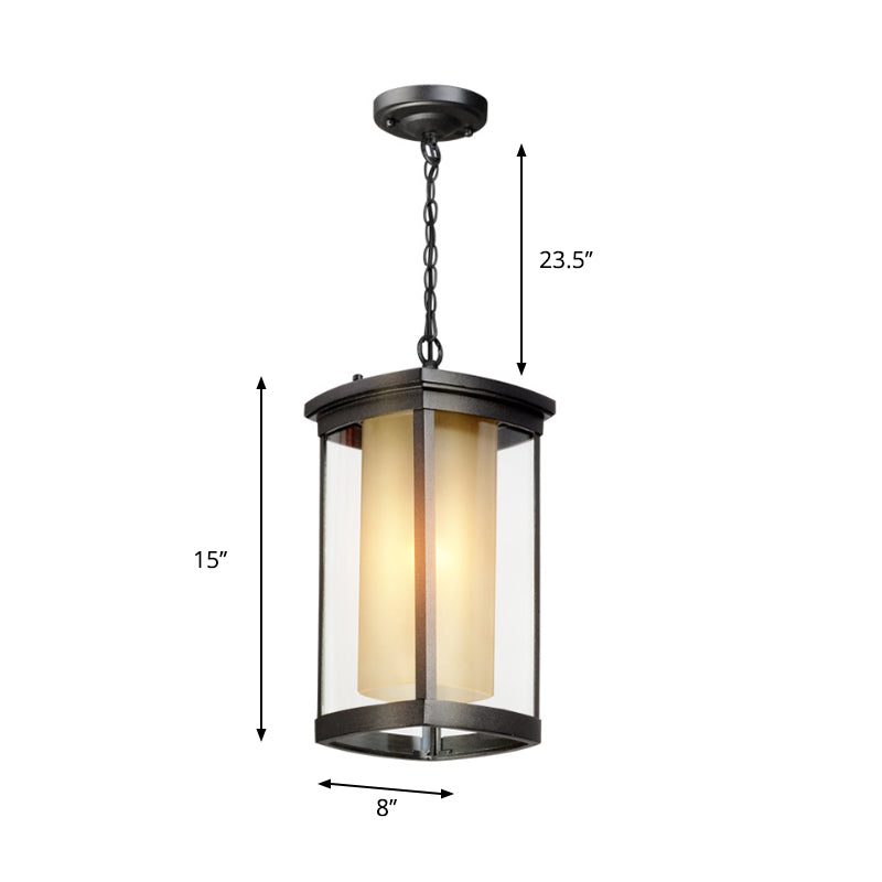 Industrial Rectangle Hanging Light Double Glass Shade 1 Light Outdoor Pendant Light in Black for Courtyard, 5"/7"/8" W Clearhalo 'Ceiling Lights' 'Chandeliers' 'Glass shade' 'Glass' 'Industrial Pendants' 'Industrial' 'Middle Century Pendants' 'Pendant Lights' 'Pendants' 'Tiffany' Lighting' 259446