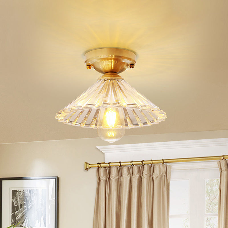 Cone Flush Mount Lamp with Clear Striped Glass Shade Vintage 1 Light Flush Ceiling Light in Brass Clearhalo 'Ceiling Lights' 'Close To Ceiling Lights' 'Close to ceiling' 'Flush mount' 'Industrial Flush Mount' Lighting' 259460