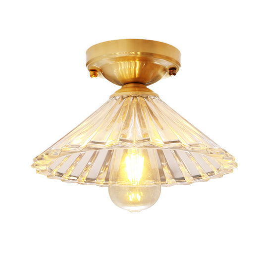 Cone Flush Mount Lamp with Clear Striped Glass Shade Vintage 1 Light Flush Ceiling Light in Brass Clearhalo 'Ceiling Lights' 'Close To Ceiling Lights' 'Close to ceiling' 'Flush mount' 'Industrial Flush Mount' Lighting' 259461