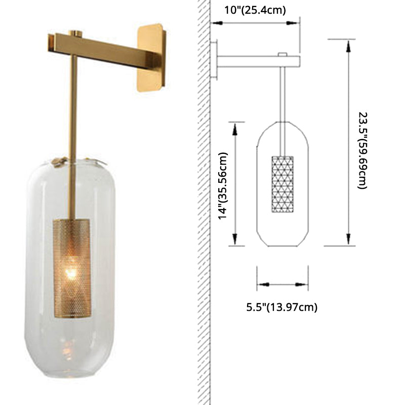 Vintage Style Brass Wall Lamp with Clear Glass 1 Light Cylinder Shape Sconce for Corridor Living Room Clearhalo 'Cast Iron' 'Glass' 'Industrial' 'Modern wall lights' 'Modern' 'Tiffany' 'Traditional wall lights' 'Wall Lamps & Sconces' 'Wall Lights' Lighting' 2594668