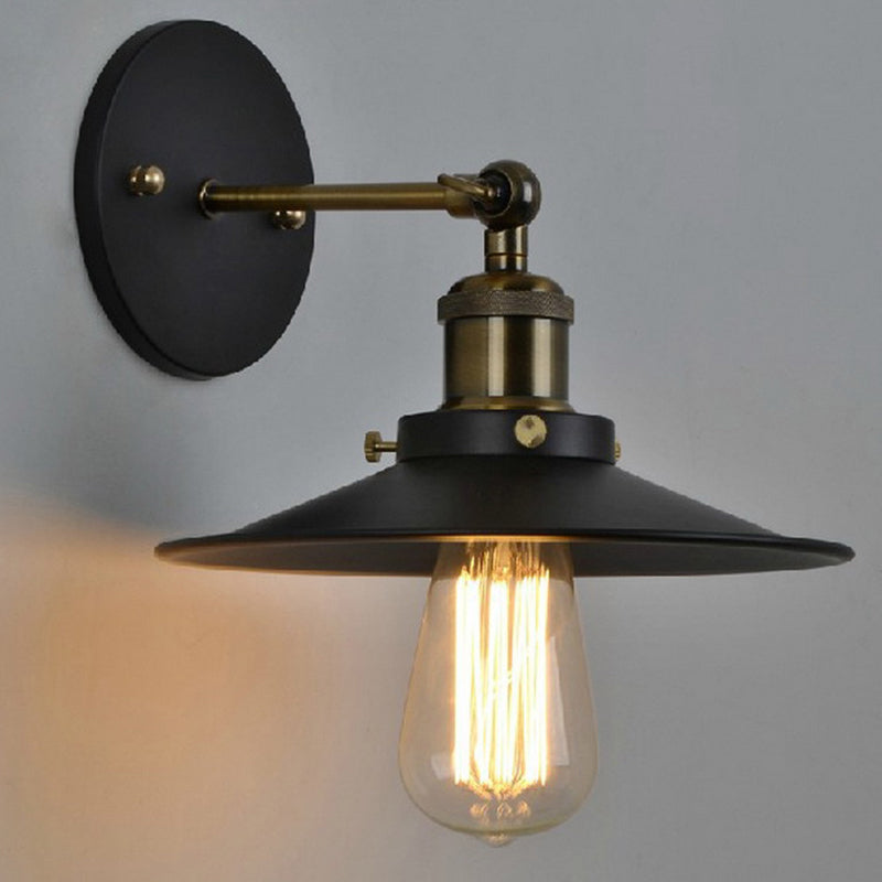 Vintage Industrial Style Sconce Single Light with Shallow Round Flared Metal Shade Wall Lamp for Bar Clearhalo 'Art deco wall lights' 'Cast Iron' 'Glass' 'Industrial wall lights' 'Industrial' 'Middle century wall lights' 'Modern' 'Rustic wall lights' 'Tiffany' 'Traditional wall lights' 'Wall Lamps & Sconces' 'Wall Lights' Lighting' 2594741