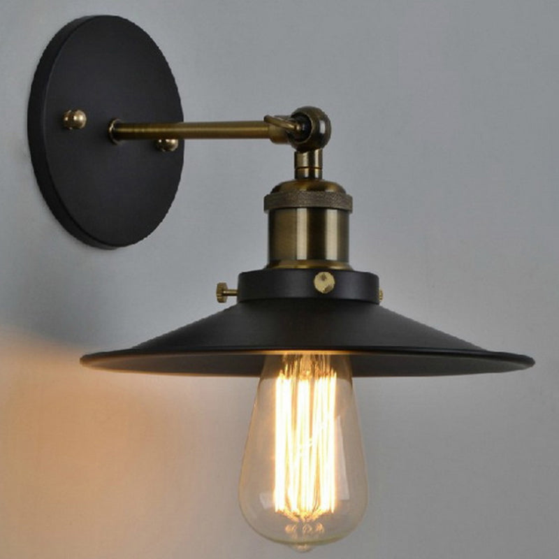 Vintage Industrial Style Sconce Single Light with Shallow Round Flared Metal Shade Wall Lamp for Bar Clearhalo 'Art deco wall lights' 'Cast Iron' 'Glass' 'Industrial wall lights' 'Industrial' 'Middle century wall lights' 'Modern' 'Rustic wall lights' 'Tiffany' 'Traditional wall lights' 'Wall Lamps & Sconces' 'Wall Lights' Lighting' 2594743