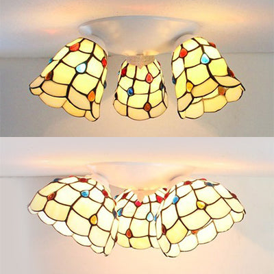 Tiffany Style 6"/8" Wide Domed Ceiling Fixture Stained Glass 3 Lights Ceiling Light Fixture in Beige Clearhalo 'Ceiling Lights' 'Close To Ceiling Lights' 'Close to ceiling' 'Glass shade' 'Glass' 'Semi-flushmount' 'Tiffany close to ceiling' 'Tiffany' Lighting' 25950
