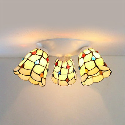 Tiffany Style 6"/8" Wide Domed Ceiling Fixture Stained Glass 3 Lights Ceiling Light Fixture in Beige Beige 6" Clearhalo 'Ceiling Lights' 'Close To Ceiling Lights' 'Close to ceiling' 'Glass shade' 'Glass' 'Semi-flushmount' 'Tiffany close to ceiling' 'Tiffany' Lighting' 25951
