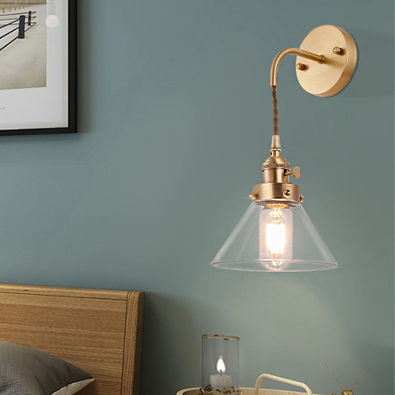 Clear Conical Glass Shade Wall Light Vintage Retro 1 Light Wall Light Sconce in Brass Clearhalo 'Art deco wall lights' 'Cast Iron' 'Glass' 'Industrial wall lights' 'Industrial' 'Middle century wall lights' 'Modern' 'Rustic wall lights' 'Tiffany' 'Traditional wall lights' 'Wall Lamps & Sconces' 'Wall Lights' Lighting' 259516