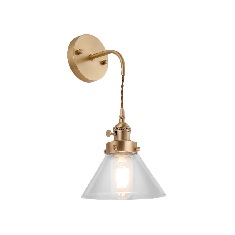 Clear Conical Glass Shade Wall Light Vintage Retro 1 Light Wall Light Sconce in Brass Clearhalo 'Art deco wall lights' 'Cast Iron' 'Glass' 'Industrial wall lights' 'Industrial' 'Middle century wall lights' 'Modern' 'Rustic wall lights' 'Tiffany' 'Traditional wall lights' 'Wall Lamps & Sconces' 'Wall Lights' Lighting' 259517