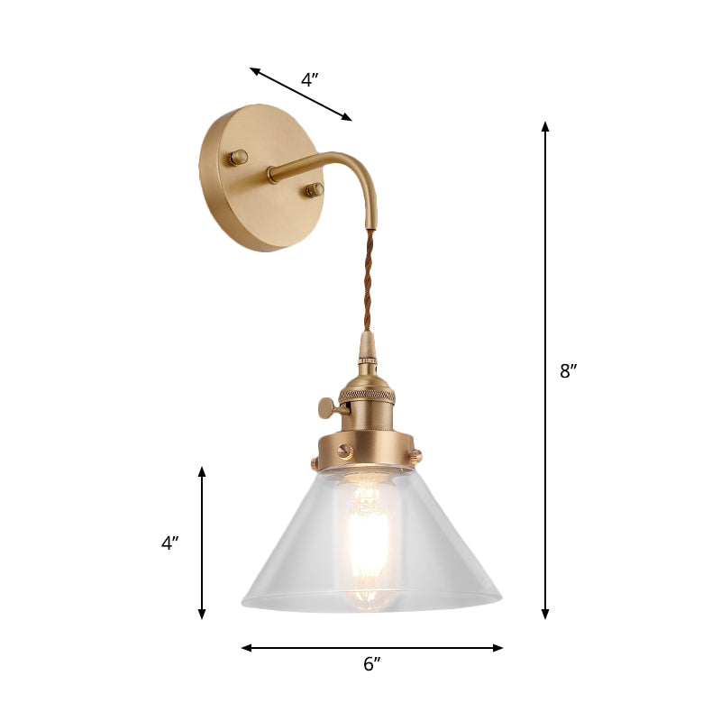 Clear Conical Glass Shade Wall Light Vintage Retro 1 Light Wall Light Sconce in Brass Clearhalo 'Art deco wall lights' 'Cast Iron' 'Glass' 'Industrial wall lights' 'Industrial' 'Middle century wall lights' 'Modern' 'Rustic wall lights' 'Tiffany' 'Traditional wall lights' 'Wall Lamps & Sconces' 'Wall Lights' Lighting' 259518