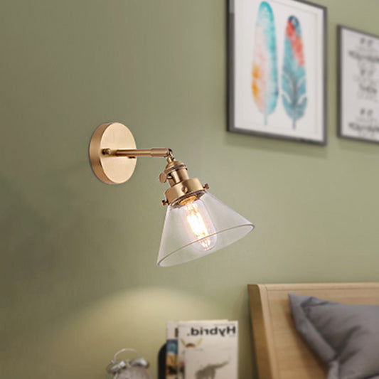 Clear Conical Glass Shade Wall Light Vintage Retro 1 Light Wall Light Sconce in Brass Brass A Clearhalo 'Art deco wall lights' 'Cast Iron' 'Glass' 'Industrial wall lights' 'Industrial' 'Middle century wall lights' 'Modern' 'Rustic wall lights' 'Tiffany' 'Traditional wall lights' 'Wall Lamps & Sconces' 'Wall Lights' Lighting' 259519