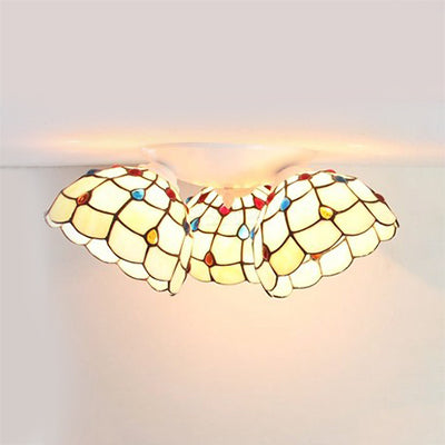 Tiffany Style 6"/8" Wide Domed Ceiling Fixture Stained Glass 3 Lights Ceiling Light Fixture in Beige Beige 8" Clearhalo 'Ceiling Lights' 'Close To Ceiling Lights' 'Close to ceiling' 'Glass shade' 'Glass' 'Semi-flushmount' 'Tiffany close to ceiling' 'Tiffany' Lighting' 25952