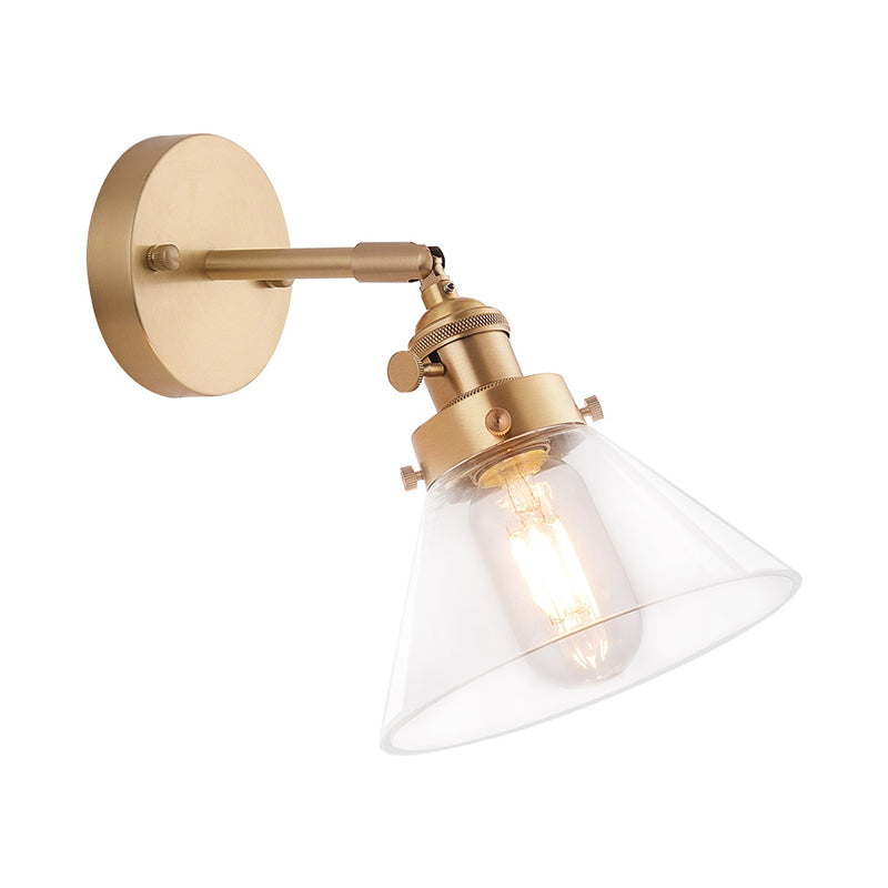 Clear Conical Glass Shade Wall Light Vintage Retro 1 Light Wall Light Sconce in Brass Clearhalo 'Art deco wall lights' 'Cast Iron' 'Glass' 'Industrial wall lights' 'Industrial' 'Middle century wall lights' 'Modern' 'Rustic wall lights' 'Tiffany' 'Traditional wall lights' 'Wall Lamps & Sconces' 'Wall Lights' Lighting' 259521