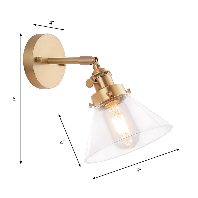 Clear Conical Glass Shade Wall Light Vintage Retro 1 Light Wall Light Sconce in Brass Clearhalo 'Art deco wall lights' 'Cast Iron' 'Glass' 'Industrial wall lights' 'Industrial' 'Middle century wall lights' 'Modern' 'Rustic wall lights' 'Tiffany' 'Traditional wall lights' 'Wall Lamps & Sconces' 'Wall Lights' Lighting' 259522