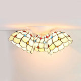 Tiffany Style 6"/8" Wide Domed Ceiling Fixture Stained Glass 3 Lights Ceiling Light Fixture in Beige Beige 8" Clearhalo 'Ceiling Lights' 'Close To Ceiling Lights' 'Close to ceiling' 'Glass shade' 'Glass' 'Semi-flushmount' 'Tiffany close to ceiling' 'Tiffany' Lighting' 25952