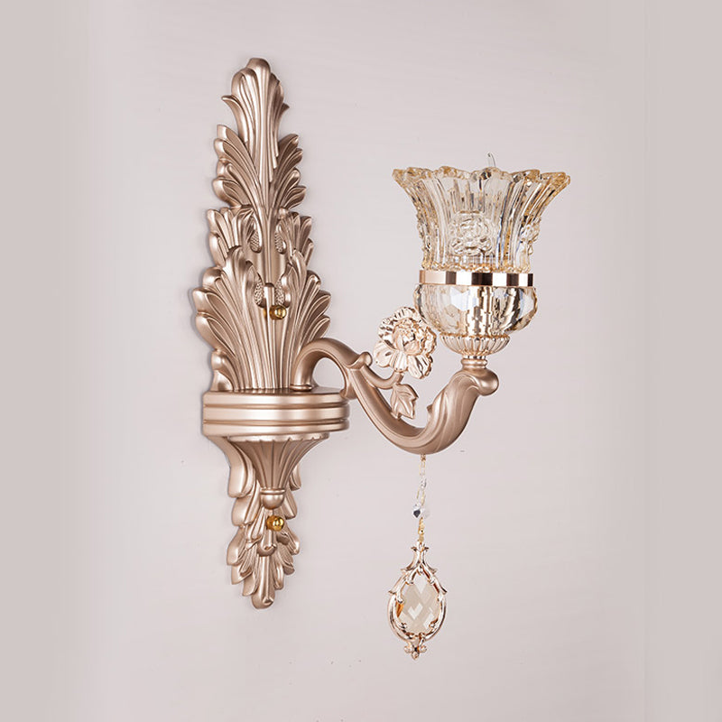 1/2 Heads Bell Wall Lighting with Clear Glass Shade and Crystal Decoration Vintage Gold Finish Sconce Light Fixture Clearhalo 'Wall Lamps & Sconces' 'Wall Lights' Lighting' 259544
