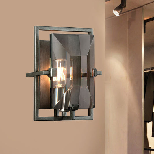Rectangle Crystal Shade Wall Light Fixture Vintage 1 Bulb Wall Sconce in Smoke Gray for Hallway Clearhalo 'Art deco wall lights' 'Industrial wall lights' 'Industrial' 'Middle century wall lights' 'Tiffany' 'Wall Lamps & Sconces' 'Wall Lights' Lighting' 259576