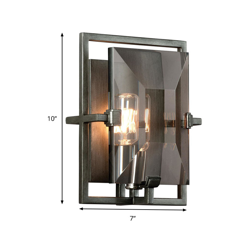 Rectangle Crystal Shade Wall Light Fixture Vintage 1 Bulb Wall Sconce in Smoke Gray for Hallway Clearhalo 'Art deco wall lights' 'Industrial wall lights' 'Industrial' 'Middle century wall lights' 'Tiffany' 'Wall Lamps & Sconces' 'Wall Lights' Lighting' 259578