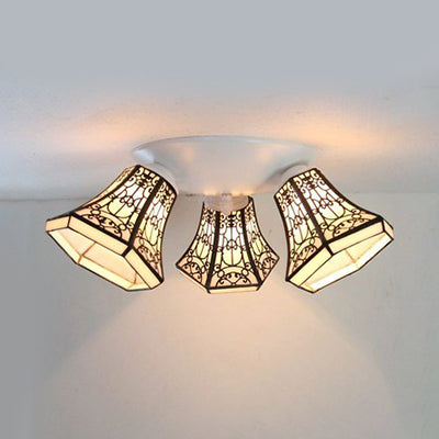 Geometric Ceiling Light with Wire Mesh/Stripes/Geometric Pattern Vintage Stained Glass 3 Lights Flushmount Light in White White Wire Mesh Clearhalo 'Ceiling Lights' 'Close To Ceiling Lights' 'Close to ceiling' 'Glass shade' 'Glass' 'Semi-flushmount' 'Tiffany close to ceiling' 'Tiffany' Lighting' 25961
