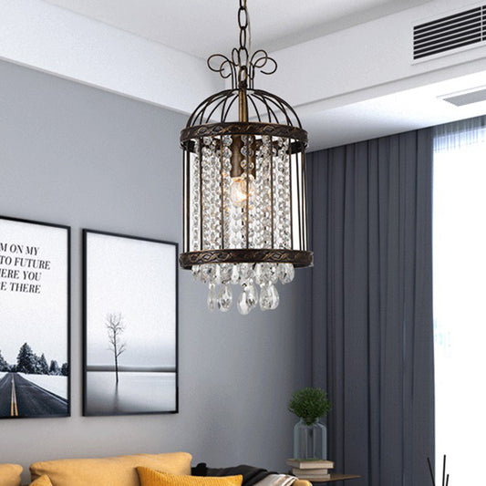 Metal Bird Cage Hanging Light Fixture Vintage 1 Light Pendant Light with Crystal Beaded Strand in Antique Bronze Clearhalo 'Art Deco Pendants' 'Cast Iron' 'Ceiling Lights' 'Ceramic' 'Crystal' 'Industrial Pendants' 'Industrial' 'Metal' 'Middle Century Pendants' 'Pendant Lights' 'Pendants' 'Tiffany' Lighting' 259612