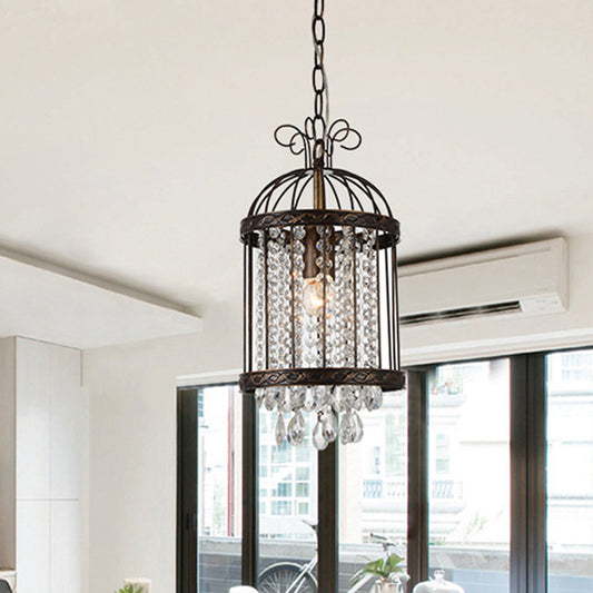 Metal Bird Cage Hanging Light Fixture Vintage 1 Light Pendant Light with Crystal Beaded Strand in Antique Bronze Clearhalo 'Art Deco Pendants' 'Cast Iron' 'Ceiling Lights' 'Ceramic' 'Crystal' 'Industrial Pendants' 'Industrial' 'Metal' 'Middle Century Pendants' 'Pendant Lights' 'Pendants' 'Tiffany' Lighting' 259613