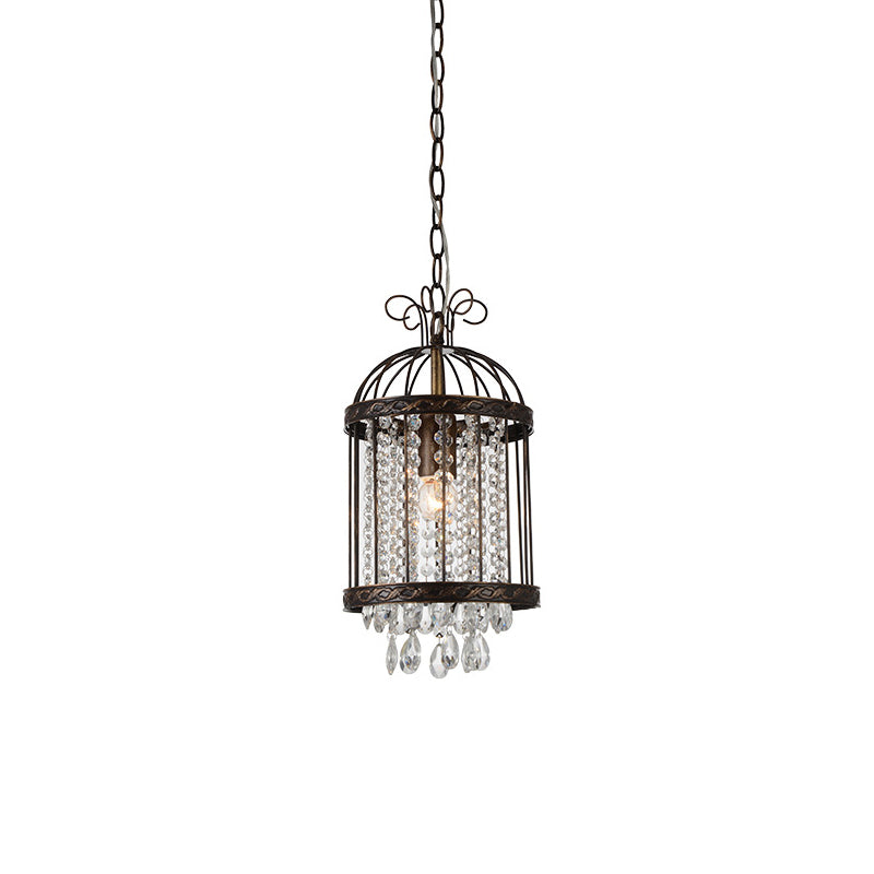 Metal Bird Cage Hanging Light Fixture Vintage 1 Light Pendant Light with Crystal Beaded Strand in Antique Bronze Clearhalo 'Art Deco Pendants' 'Cast Iron' 'Ceiling Lights' 'Ceramic' 'Crystal' 'Industrial Pendants' 'Industrial' 'Metal' 'Middle Century Pendants' 'Pendant Lights' 'Pendants' 'Tiffany' Lighting' 259614