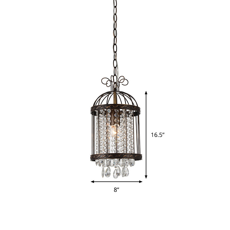 Metal Bird Cage Hanging Light Fixture Vintage 1 Light Pendant Light with Crystal Beaded Strand in Antique Bronze Clearhalo 'Art Deco Pendants' 'Cast Iron' 'Ceiling Lights' 'Ceramic' 'Crystal' 'Industrial Pendants' 'Industrial' 'Metal' 'Middle Century Pendants' 'Pendant Lights' 'Pendants' 'Tiffany' Lighting' 259615