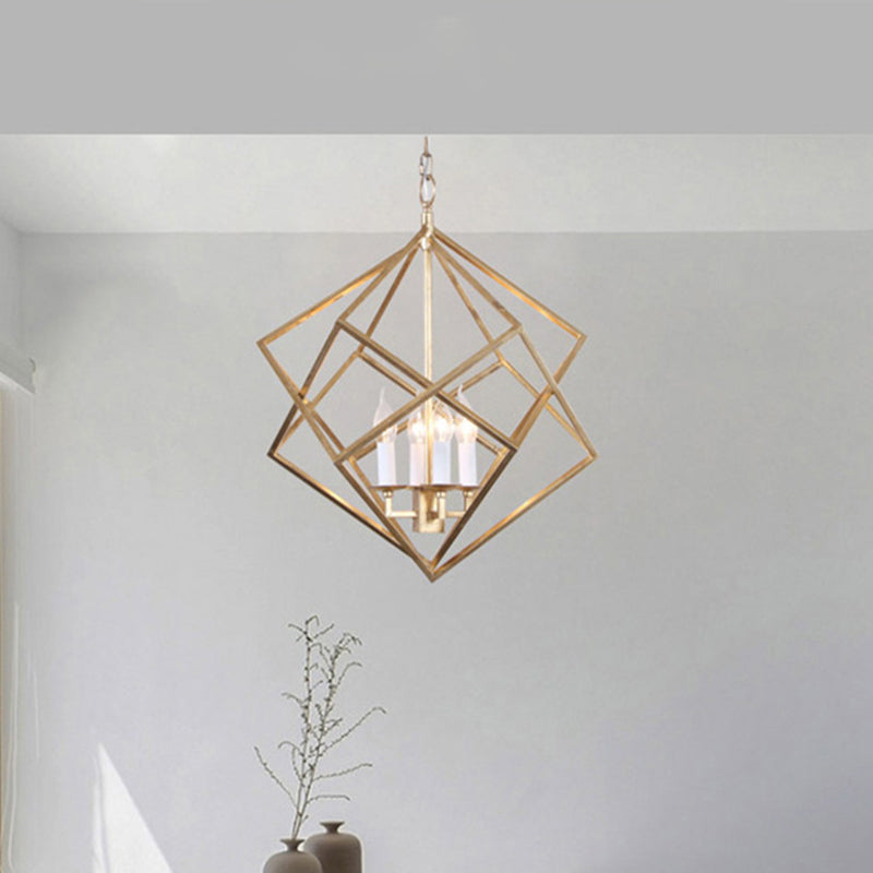 Prismatic/Rhombus Cage Shade Pendant Light Fixture Industrial Metal 4 Lights Suspension Light in Gold Gold Rhombus Clearhalo 'Cast Iron' 'Ceiling Lights' 'Chandeliers' 'Industrial Chandeliers' 'Industrial' 'Metal' 'Middle Century Chandeliers' 'Rustic Chandeliers' 'Tiffany' Lighting' 259647