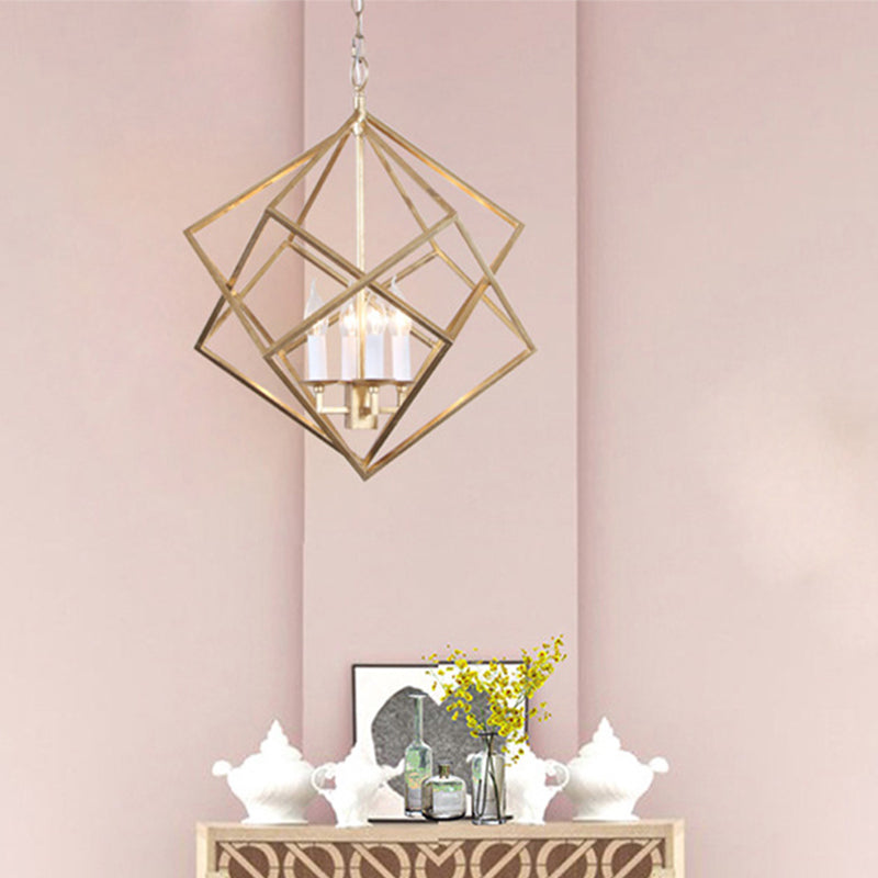 Prismatic/Rhombus Cage Shade Pendant Light Fixture Industrial Metal 4 Lights Suspension Light in Gold Clearhalo 'Cast Iron' 'Ceiling Lights' 'Chandeliers' 'Industrial Chandeliers' 'Industrial' 'Metal' 'Middle Century Chandeliers' 'Rustic Chandeliers' 'Tiffany' Lighting' 259648
