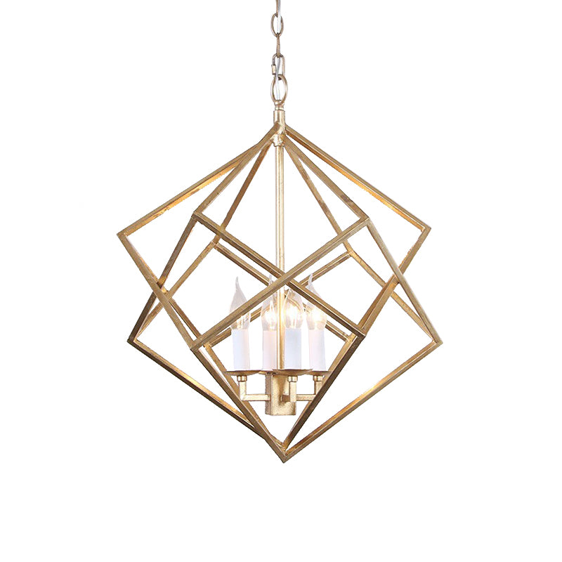 Prismatic/Rhombus Cage Shade Pendant Light Fixture Industrial Metal 4 Lights Suspension Light in Gold Clearhalo 'Cast Iron' 'Ceiling Lights' 'Chandeliers' 'Industrial Chandeliers' 'Industrial' 'Metal' 'Middle Century Chandeliers' 'Rustic Chandeliers' 'Tiffany' Lighting' 259649