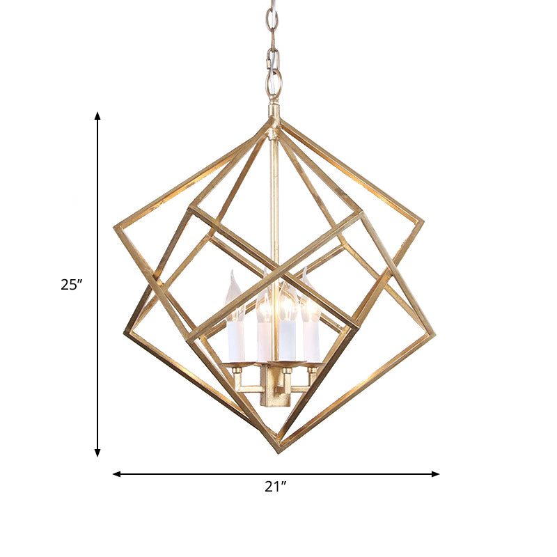 Prismatic/Rhombus Cage Shade Pendant Light Fixture Industrial Metal 4 Lights Suspension Light in Gold Clearhalo 'Cast Iron' 'Ceiling Lights' 'Chandeliers' 'Industrial Chandeliers' 'Industrial' 'Metal' 'Middle Century Chandeliers' 'Rustic Chandeliers' 'Tiffany' Lighting' 259650
