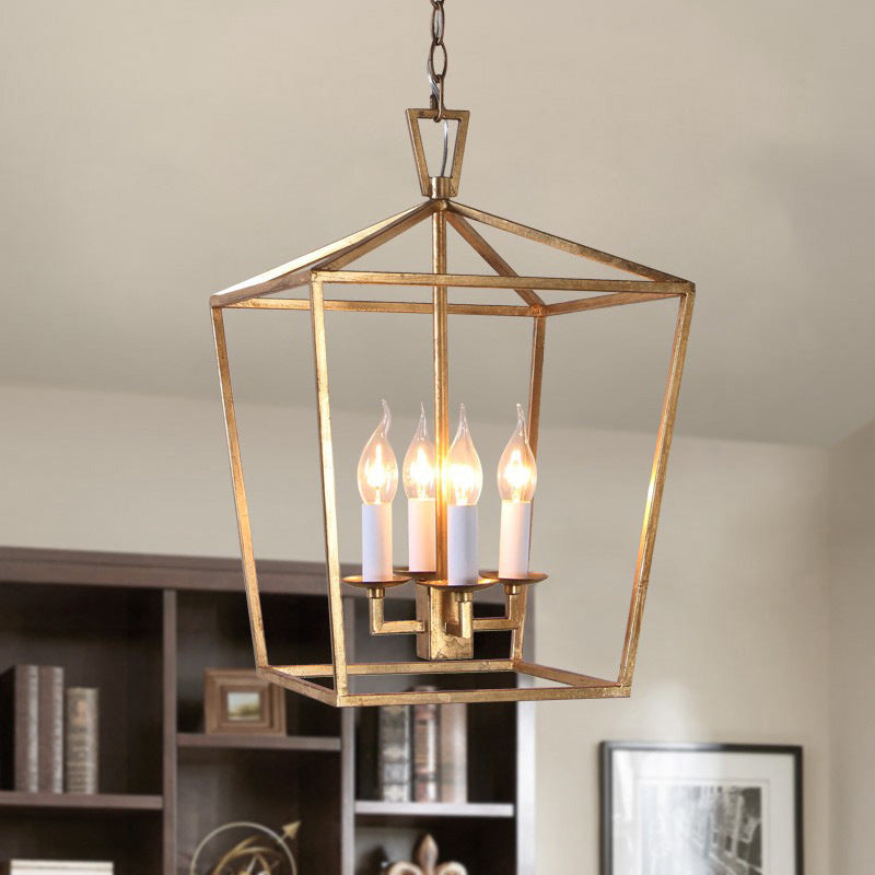 Prismatic/Rhombus Cage Shade Pendant Light Fixture Industrial Metal 4 Lights Suspension Light in Gold Clearhalo 'Cast Iron' 'Ceiling Lights' 'Chandeliers' 'Industrial Chandeliers' 'Industrial' 'Metal' 'Middle Century Chandeliers' 'Rustic Chandeliers' 'Tiffany' Lighting' 259652