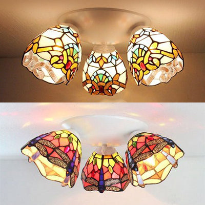 3 Heads Dome Flush Mount Ceiling Light Tiffany Stained Glass Flushmount Light in Beige/Orange for Bedroom Clearhalo 'Ceiling Lights' 'Close To Ceiling Lights' 'Close to ceiling' 'Glass shade' 'Glass' 'Semi-flushmount' 'Tiffany close to ceiling' 'Tiffany' Lighting' 25968