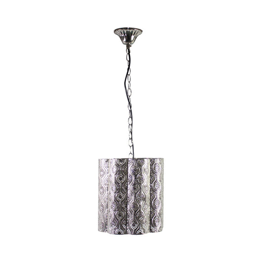 Metal Etched Hanging Pendant with Cylinder Shade Industrial 1 Light Hanging Light Lamp in Chrome Clearhalo 'Art Deco Pendants' 'Cast Iron' 'Ceiling Lights' 'Ceramic' 'Crystal' 'Industrial Pendants' 'Industrial' 'Metal' 'Middle Century Pendants' 'Pendant Lights' 'Pendants' 'Tiffany' Lighting' 259686