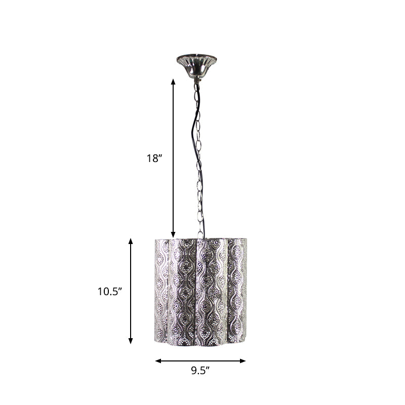Metal Etched Hanging Pendant with Cylinder Shade Industrial 1 Light Hanging Light Lamp in Chrome Clearhalo 'Art Deco Pendants' 'Cast Iron' 'Ceiling Lights' 'Ceramic' 'Crystal' 'Industrial Pendants' 'Industrial' 'Metal' 'Middle Century Pendants' 'Pendant Lights' 'Pendants' 'Tiffany' Lighting' 259687