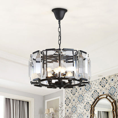 18"/25.5" Diameter Metal Drum Shade Ceiling Chandelier with Crystal Block Vintage 5/8 Heads Hanging Lamp in Black Black 18" Clearhalo 'Ceiling Lights' 'Chandeliers' 'Industrial Chandeliers' 'Industrial' 'Middle Century Chandeliers' 'Tiffany' Lighting' 259689