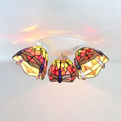 3 Heads Dome Flush Mount Ceiling Light Tiffany Stained Glass Flushmount Light in Beige/Orange for Bedroom Orange Clearhalo 'Ceiling Lights' 'Close To Ceiling Lights' 'Close to ceiling' 'Glass shade' 'Glass' 'Semi-flushmount' 'Tiffany close to ceiling' 'Tiffany' Lighting' 25969