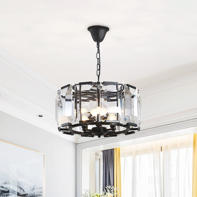 18"/25.5" Diameter Metal Drum Shade Ceiling Chandelier with Crystal Block Vintage 5/8 Heads Hanging Lamp in Black Clearhalo 'Ceiling Lights' 'Chandeliers' 'Industrial Chandeliers' 'Industrial' 'Middle Century Chandeliers' 'Tiffany' Lighting' 259690