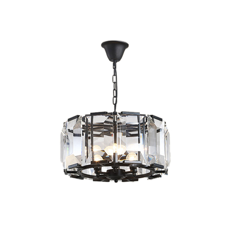 18"/25.5" Diameter Metal Drum Shade Ceiling Chandelier with Crystal Block Vintage 5/8 Heads Hanging Lamp in Black Clearhalo 'Ceiling Lights' 'Chandeliers' 'Industrial Chandeliers' 'Industrial' 'Middle Century Chandeliers' 'Tiffany' Lighting' 259691