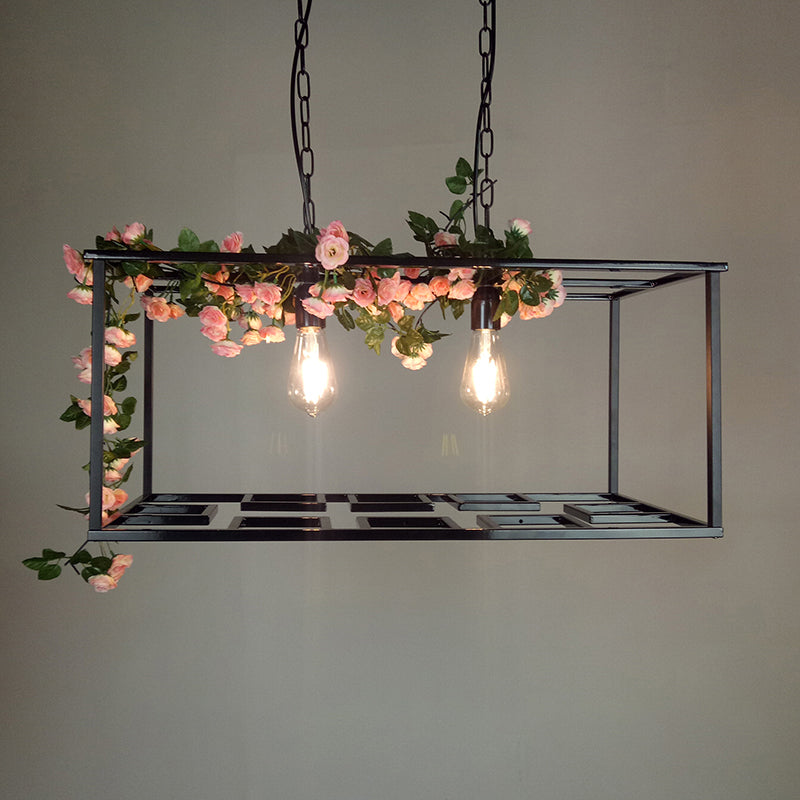 Rectangle Cage Hanging Lamp Vintage Metallic 2 Bulbs Ceiling Chandelier with Flower Decoration in Black Clearhalo 'Cast Iron' 'Ceiling Lights' 'Chandeliers' 'Industrial Chandeliers' 'Industrial' 'Metal' 'Middle Century Chandeliers' 'Rustic Chandeliers' 'Tiffany' Lighting' 259698
