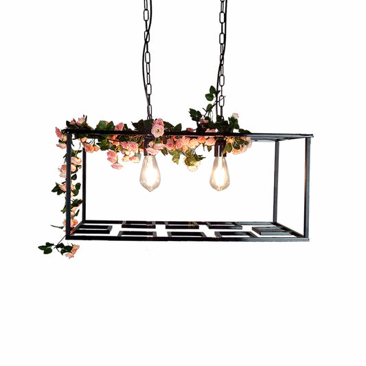 Rectangle Cage Hanging Lamp Vintage Metallic 2 Bulbs Ceiling Chandelier with Flower Decoration in Black Clearhalo 'Cast Iron' 'Ceiling Lights' 'Chandeliers' 'Industrial Chandeliers' 'Industrial' 'Metal' 'Middle Century Chandeliers' 'Rustic Chandeliers' 'Tiffany' Lighting' 259699