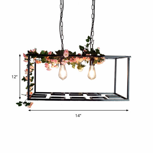 Rectangle Cage Hanging Lamp Vintage Metallic 2 Bulbs Ceiling Chandelier with Flower Decoration in Black Clearhalo 'Cast Iron' 'Ceiling Lights' 'Chandeliers' 'Industrial Chandeliers' 'Industrial' 'Metal' 'Middle Century Chandeliers' 'Rustic Chandeliers' 'Tiffany' Lighting' 259700