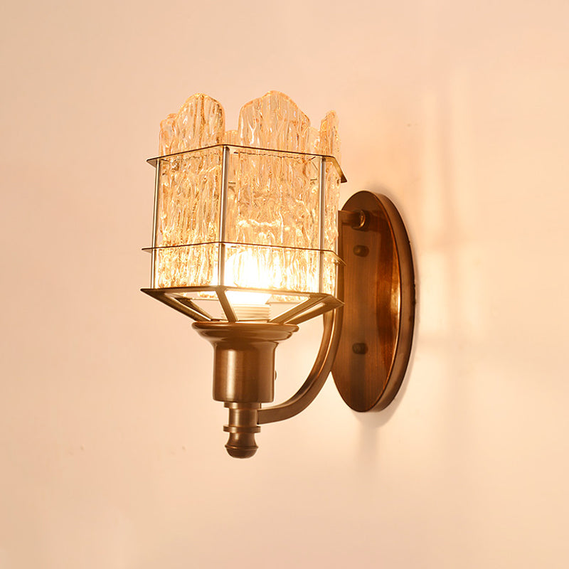 Rippled Glass Wall Light Fixture with Metal Cage Contemporary 1 Head Black Finish Flush Mount Wall Sconce Clearhalo 'Art deco wall lights' 'Industrial wall lights' 'Industrial' 'Middle century wall lights' 'Tiffany' 'Wall Lamps & Sconces' 'Wall Lights' Lighting' 259717