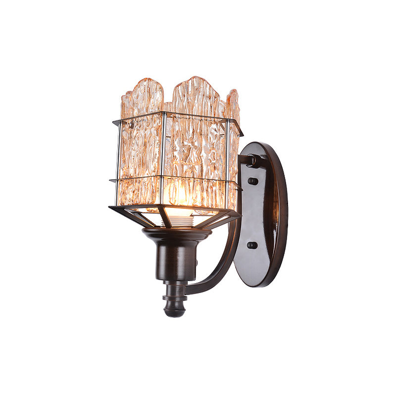 Rippled Glass Wall Light Fixture with Metal Cage Contemporary 1 Head Black Finish Flush Mount Wall Sconce Clearhalo 'Art deco wall lights' 'Industrial wall lights' 'Industrial' 'Middle century wall lights' 'Tiffany' 'Wall Lamps & Sconces' 'Wall Lights' Lighting' 259718