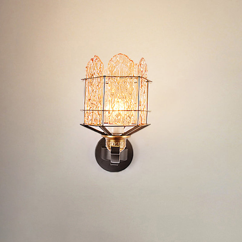 Rippled Glass Wall Light Fixture with Metal Cage Contemporary 1 Head Black Finish Flush Mount Wall Sconce Clearhalo 'Art deco wall lights' 'Industrial wall lights' 'Industrial' 'Middle century wall lights' 'Tiffany' 'Wall Lamps & Sconces' 'Wall Lights' Lighting' 259721