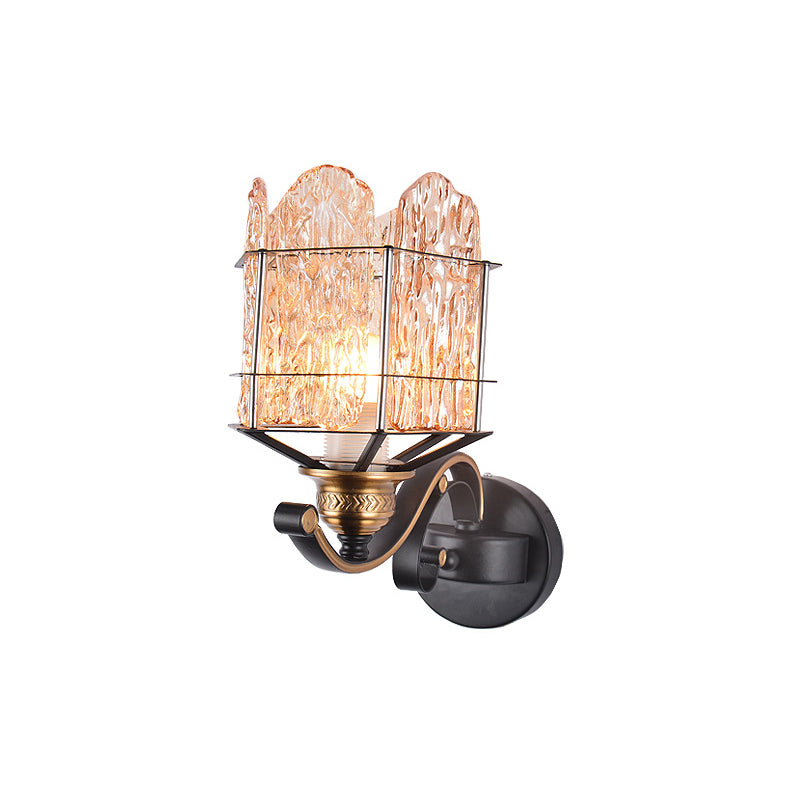 Rippled Glass Wall Light Fixture with Metal Cage Contemporary 1 Head Black Finish Flush Mount Wall Sconce Clearhalo 'Art deco wall lights' 'Industrial wall lights' 'Industrial' 'Middle century wall lights' 'Tiffany' 'Wall Lamps & Sconces' 'Wall Lights' Lighting' 259722