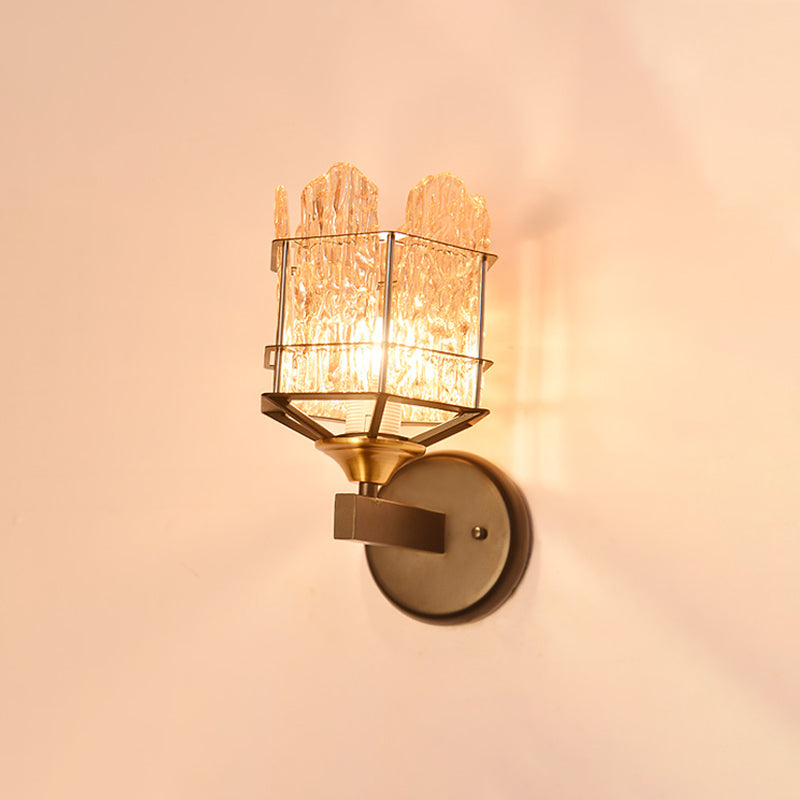 Rippled Glass Wall Light Fixture with Metal Cage Contemporary 1 Head Black Finish Flush Mount Wall Sconce Clearhalo 'Art deco wall lights' 'Industrial wall lights' 'Industrial' 'Middle century wall lights' 'Tiffany' 'Wall Lamps & Sconces' 'Wall Lights' Lighting' 259725